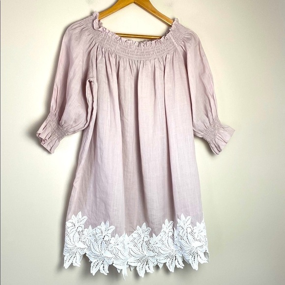 Caara Off-Shoulder Linen Dress with White Lace Appliqué Trim Pale Pink Size S - Picture 2 of 12